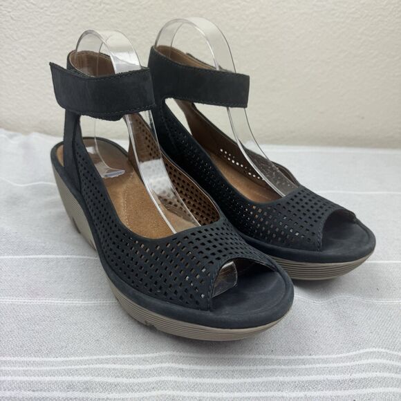 Clark’s Collection Reedly Salene Wedge Sandals Leather Peep Toe Black 8.5 - Picture 3 of 15